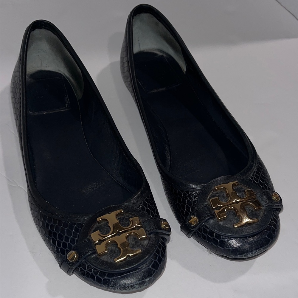 Tory Burch Black Textured Flats with Gold Logo